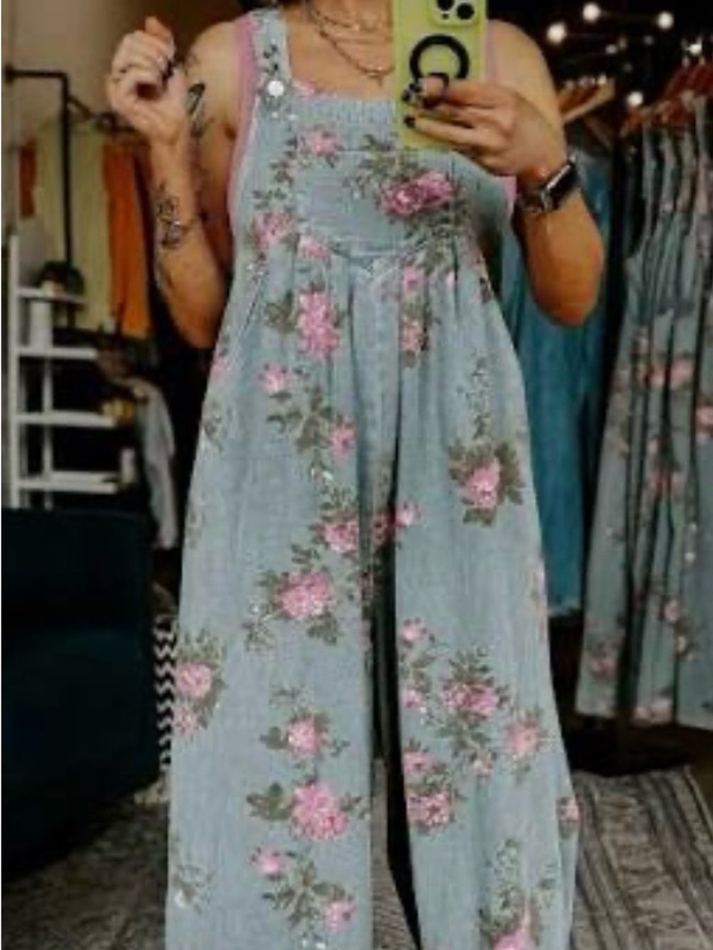 Amazon Blue Floral Wide-Leg Overalls Jumpsuit with Pink Roses